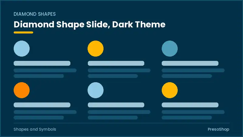 Editable PowerPoint diamond shape slide template in a dark theme, built from recolourable native shapes for shapes and symbols decks