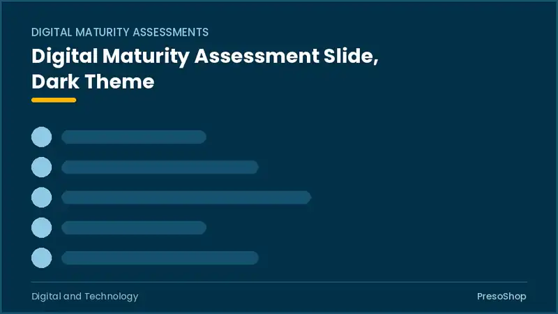 Editable PowerPoint digital maturity assessment slide template in a dark theme, built from recolourable native shapes for digital and technology decks