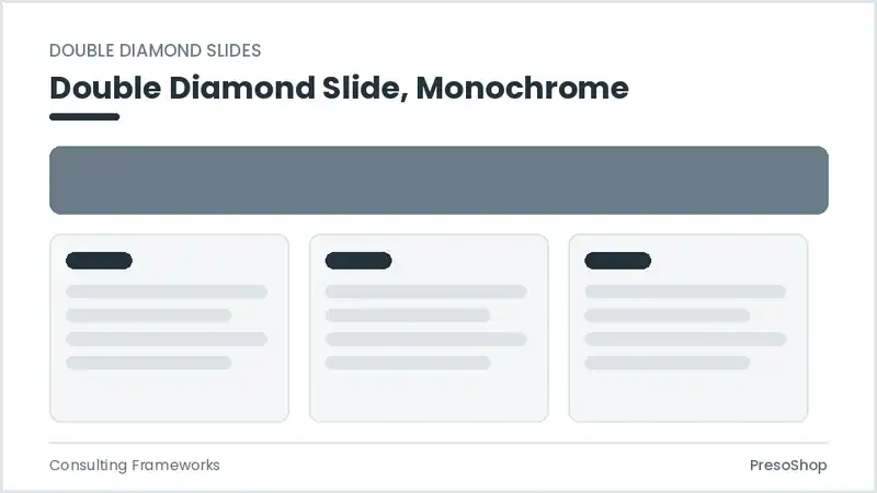 Editable PowerPoint double diamond slide template in a monochrome treatment, built from recolourable native shapes for consulting frameworks decks