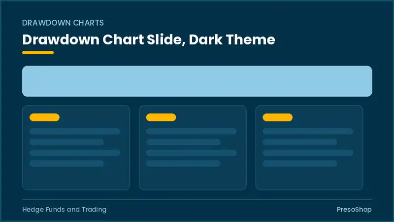Editable PowerPoint drawdown chart slide template in a dark theme, built from recolourable native shapes for hedge funds and trading decks