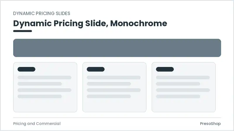 Editable PowerPoint dynamic pricing slide template in a monochrome treatment, built from recolourable native shapes for pricing and commercial decks