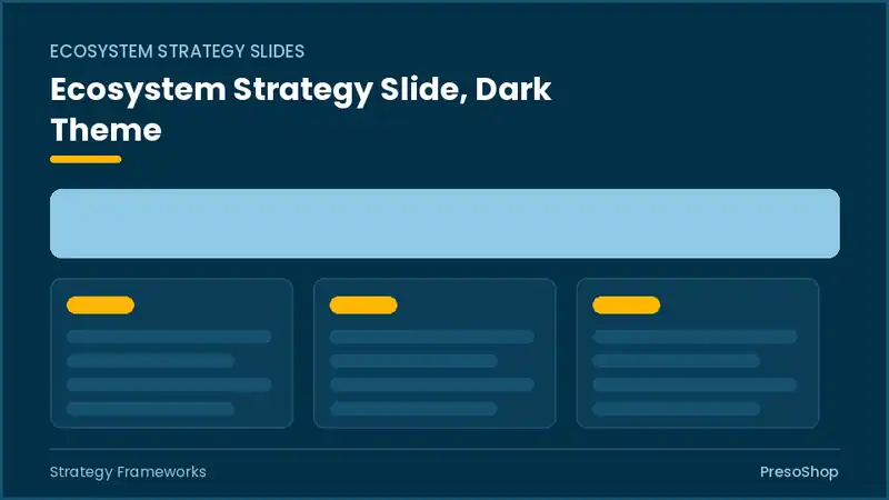 Editable PowerPoint ecosystem strategy slide template in a dark theme, built from recolourable native shapes for strategy frameworks decks