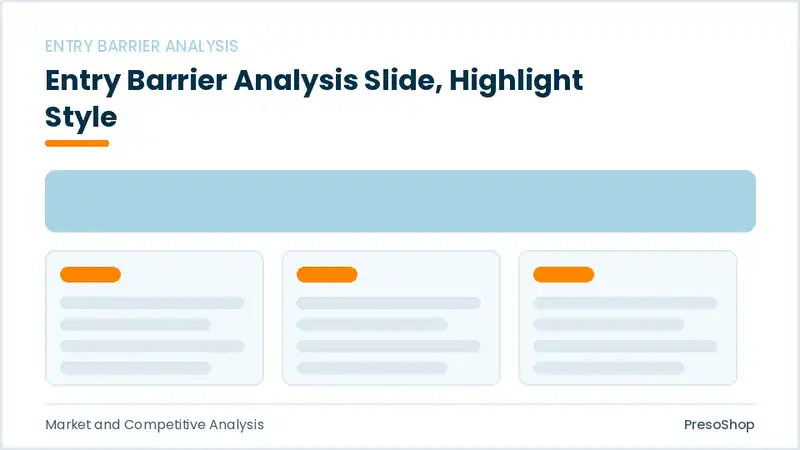 Editable PowerPoint entry barrier analysis slide template with an accented takeaway, built from recolourable native shapes for market and competitive analysis decks