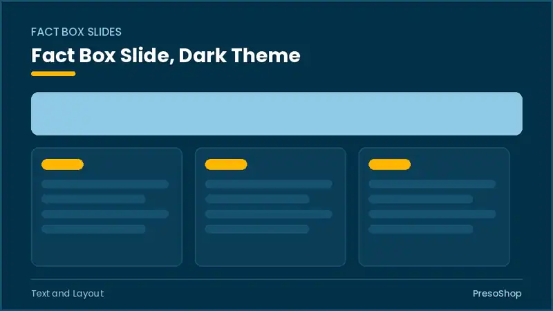 Editable PowerPoint fact box slide template in a dark theme, built from recolourable native shapes for text and layout decks