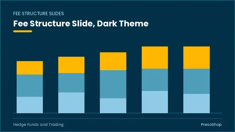 Editable PowerPoint fee structure slide template in a dark theme, built from recolourable native shapes for hedge funds and trading decks