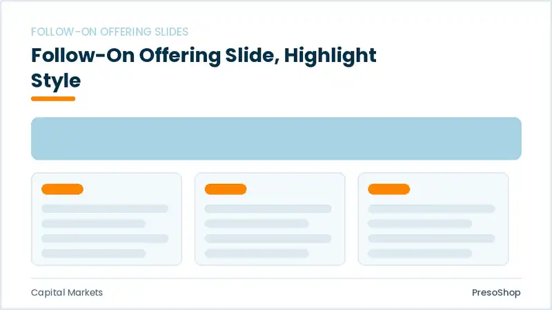 Editable PowerPoint follow-on offering slide template with an accented takeaway, built from recolourable native shapes for capital markets decks
