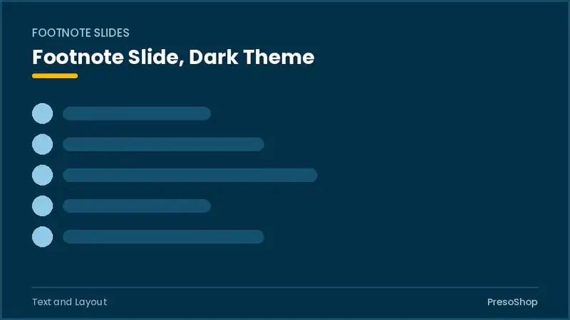 Editable PowerPoint footnote slide template in a dark theme, built from recolourable native shapes for text and layout decks