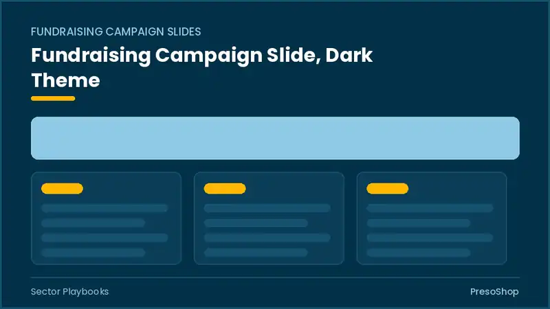 Editable PowerPoint fundraising campaign slide template in a dark theme, built from recolourable native shapes for sector playbooks decks