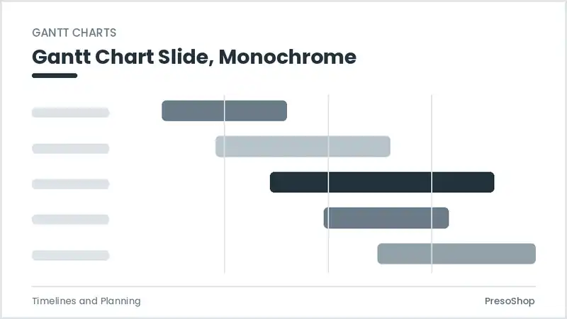 Editable PowerPoint gantt chart slide template in a monochrome treatment, built from recolourable native shapes for timelines and planning decks