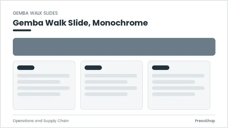 Editable PowerPoint gemba walk slide template in a monochrome treatment, built from recolourable native shapes for operations and supply chain decks