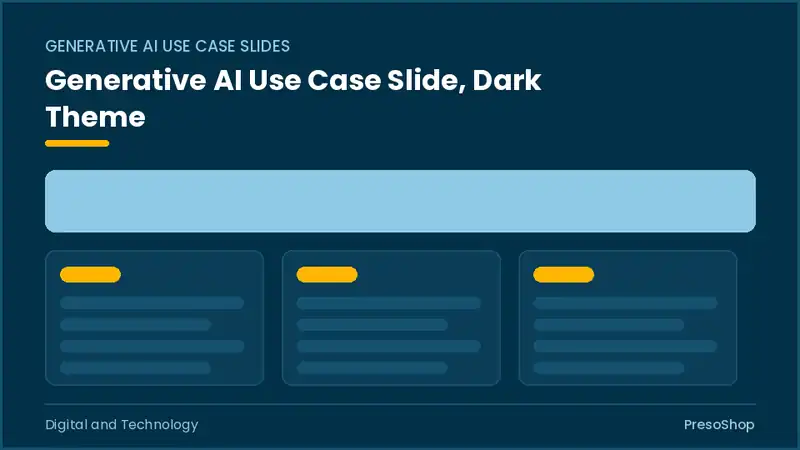 Editable PowerPoint generative ai use case slide template in a dark theme, built from recolourable native shapes for digital and technology decks