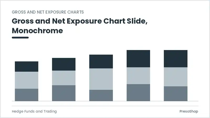Editable PowerPoint gross and net exposure chart slide template in a monochrome treatment, built from recolourable native shapes for hedge funds and trading decks