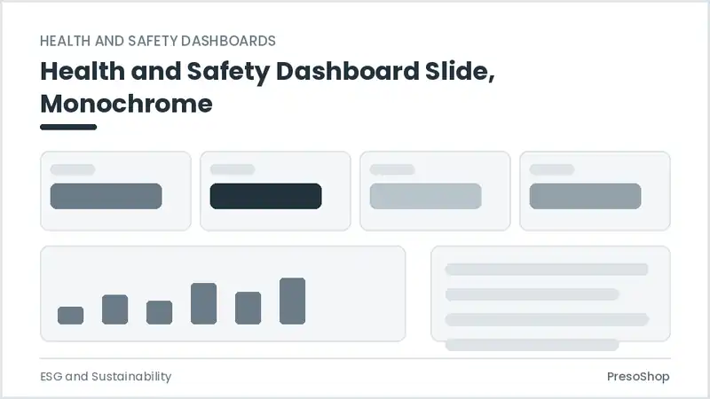 Editable PowerPoint health and safety dashboard slide template in a monochrome treatment, built from recolourable native shapes for esg and sustainability decks