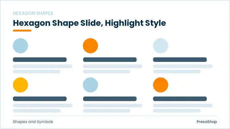 Editable PowerPoint hexagon shape slide template with an accented takeaway, built from recolourable native shapes for shapes and symbols decks