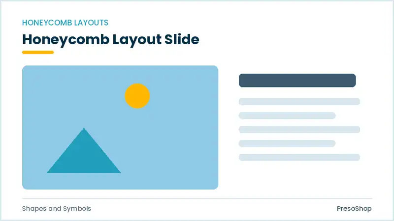 Editable PowerPoint honeycomb layout slide template, built from recolourable native shapes for shapes and symbols decks