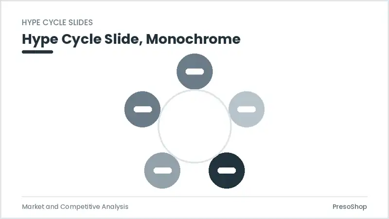 Editable PowerPoint hype cycle slide template in a monochrome treatment, built from recolourable native shapes for market and competitive analysis decks