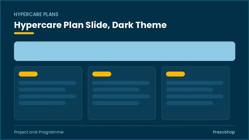 Editable PowerPoint hypercare plan slide template in a dark theme, built from recolourable native shapes for project and programme decks