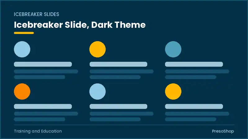 Editable PowerPoint icebreaker slide template in a dark theme, built from recolourable native shapes for training and education decks