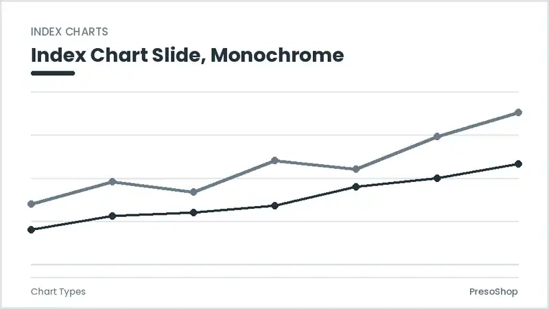 Editable PowerPoint index chart slide template in a monochrome treatment, built from recolourable native shapes for chart types decks