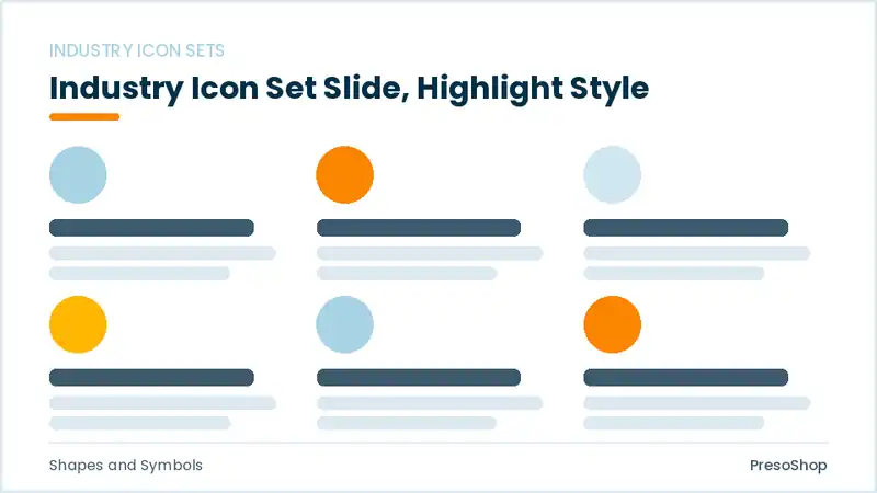 Editable PowerPoint industry icon set slide template with an accented takeaway, built from recolourable native shapes for shapes and symbols decks