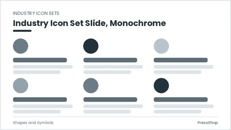 Editable PowerPoint industry icon set slide template in a monochrome treatment, built from recolourable native shapes for shapes and symbols decks