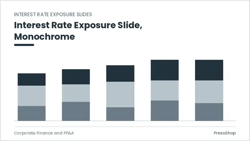 Editable PowerPoint interest rate exposure slide template in a monochrome treatment, built from recolourable native shapes for corporate finance and fp&a decks