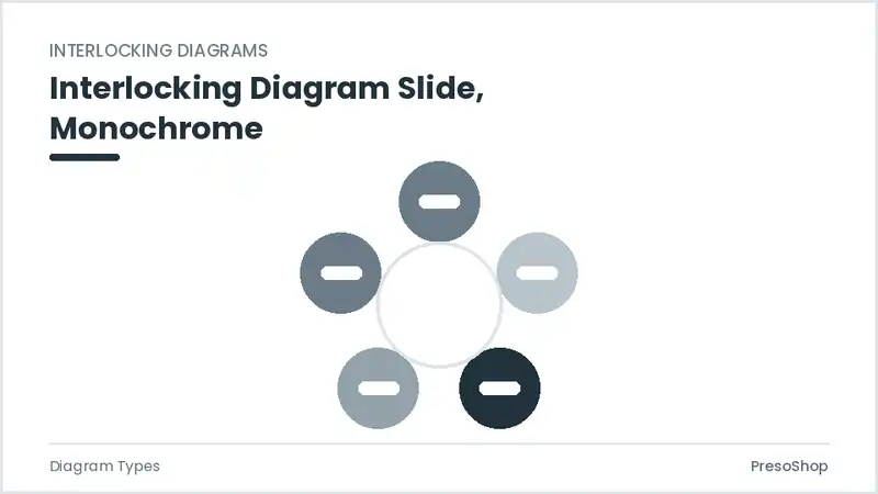 Editable PowerPoint interlocking diagram slide template in a monochrome treatment, built from recolourable native shapes for diagram types decks