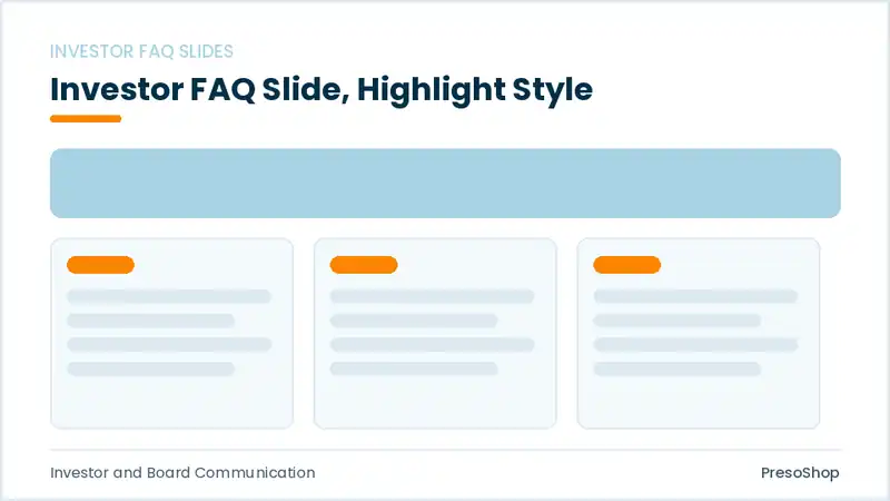 Editable PowerPoint investor faq slide template with an accented takeaway, built from recolourable native shapes for investor and board communication decks