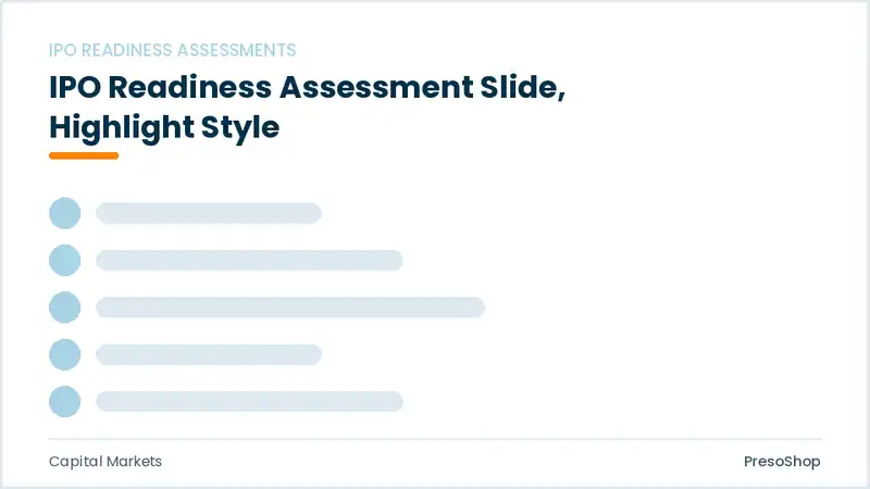 Editable PowerPoint ipo readiness assessment slide template with an accented takeaway, built from recolourable native shapes for capital markets decks