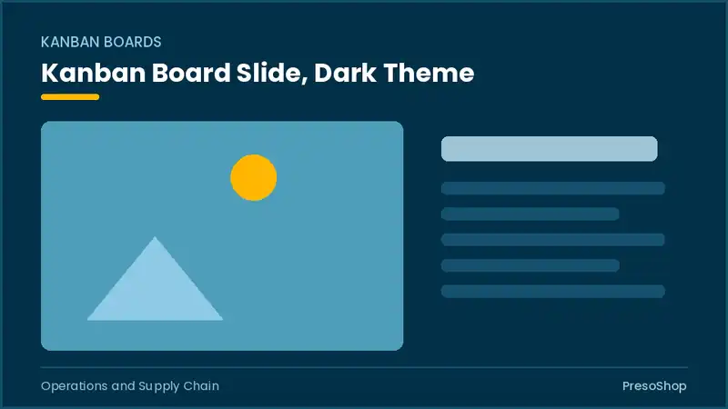 Editable PowerPoint kanban board slide template in a dark theme, built from recolourable native shapes for operations and supply chain decks