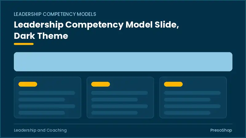 Editable PowerPoint leadership competency model slide template in a dark theme, built from recolourable native shapes for leadership and coaching decks