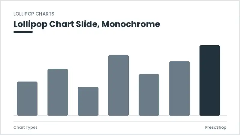 Editable PowerPoint lollipop chart slide template in a monochrome treatment, built from recolourable native shapes for chart types decks