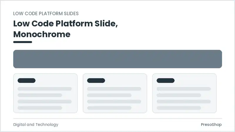 Editable PowerPoint low code platform slide template in a monochrome treatment, built from recolourable native shapes for digital and technology decks