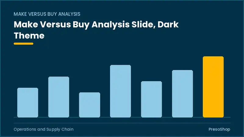 Editable PowerPoint make versus buy analysis slide template in a dark theme, built from recolourable native shapes for operations and supply chain decks