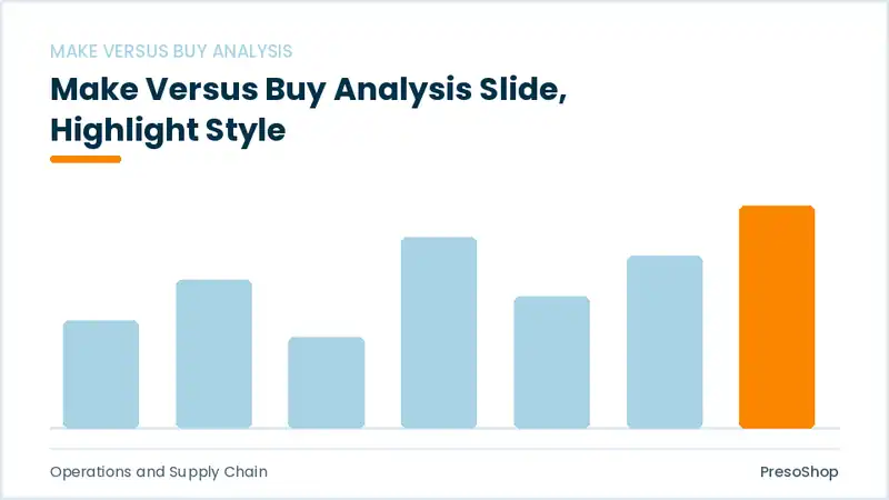 Editable PowerPoint make versus buy analysis slide template with an accented takeaway, built from recolourable native shapes for operations and supply chain decks