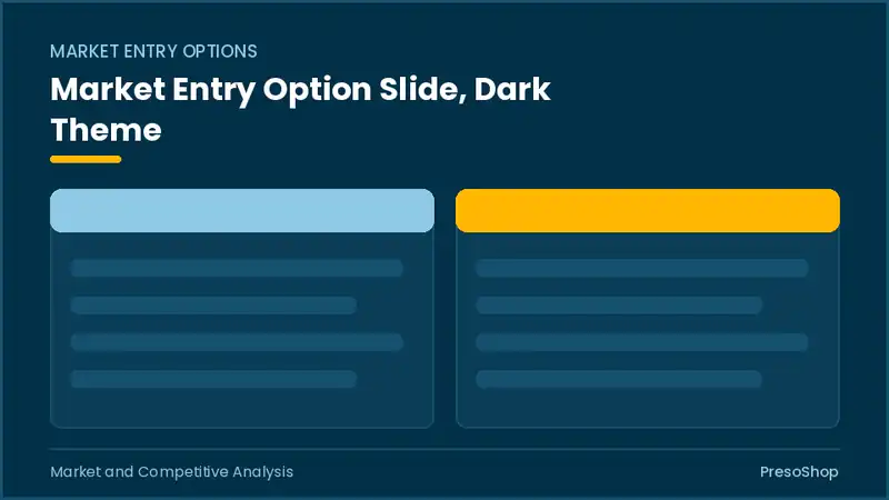 Editable PowerPoint market entry option slide template in a dark theme, built from recolourable native shapes for market and competitive analysis decks