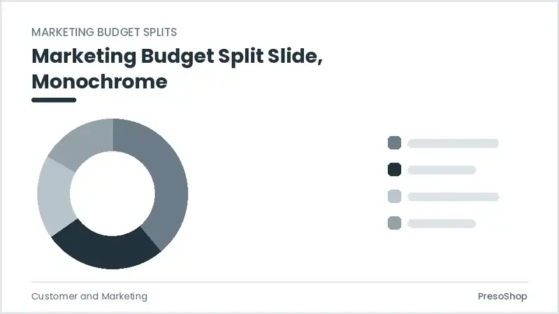 Editable PowerPoint marketing budget split slide template in a monochrome treatment, built from recolourable native shapes for customer and marketing decks