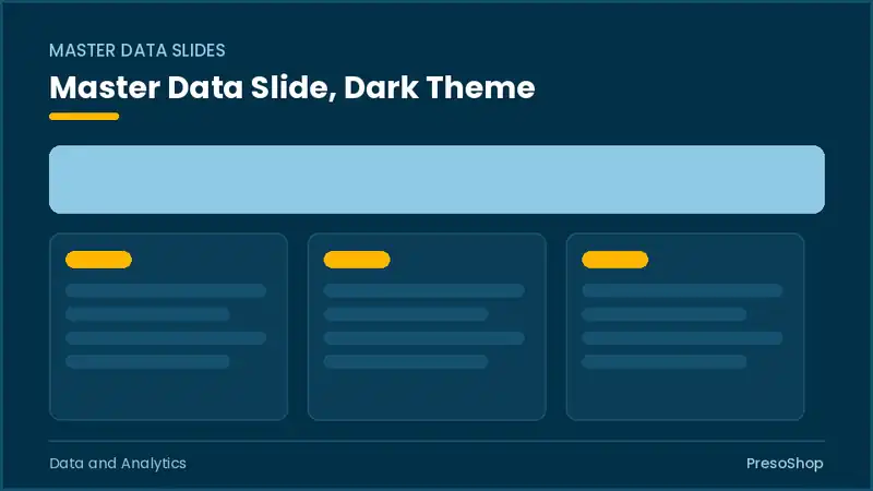 Editable PowerPoint master data slide template in a dark theme, built from recolourable native shapes for data and analytics decks
