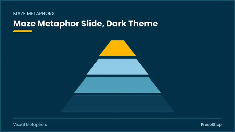 Editable PowerPoint maze metaphor slide template in a dark theme, built from recolourable native shapes for visual metaphors decks