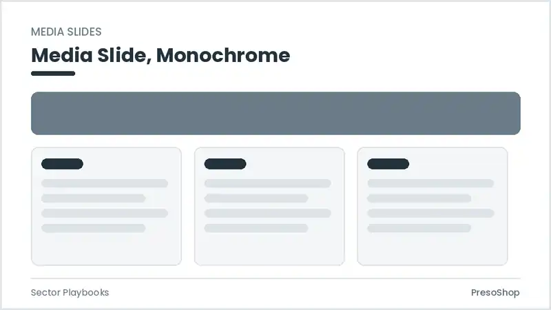 Editable PowerPoint media slide template in a monochrome treatment, built from recolourable native shapes for sector playbooks decks