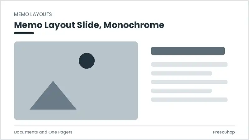 Editable PowerPoint memo layout slide template in a monochrome treatment, built from recolourable native shapes for documents and one pagers decks