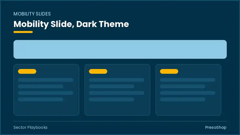 Editable PowerPoint mobility slide template in a dark theme, built from recolourable native shapes for sector playbooks decks