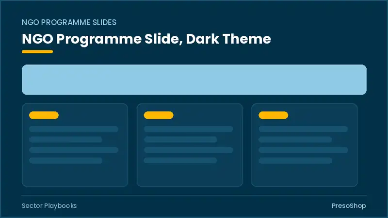Editable PowerPoint ngo programme slide template in a dark theme, built from recolourable native shapes for sector playbooks decks