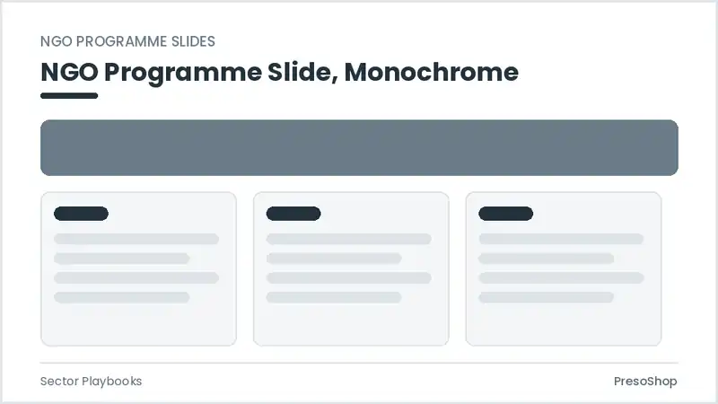 Editable PowerPoint ngo programme slide template in a monochrome treatment, built from recolourable native shapes for sector playbooks decks