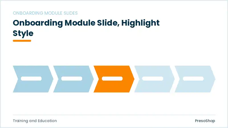 Editable PowerPoint onboarding module slide template with an accented takeaway, built from recolourable native shapes for training and education decks