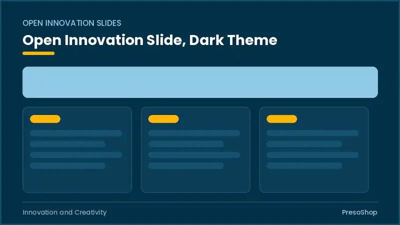 Editable PowerPoint open innovation slide template in a dark theme, built from recolourable native shapes for innovation and creativity decks