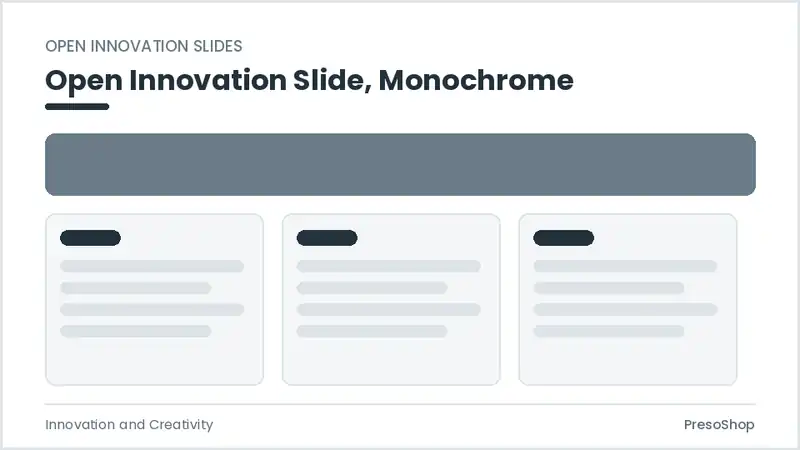 Editable PowerPoint open innovation slide template in a monochrome treatment, built from recolourable native shapes for innovation and creativity decks