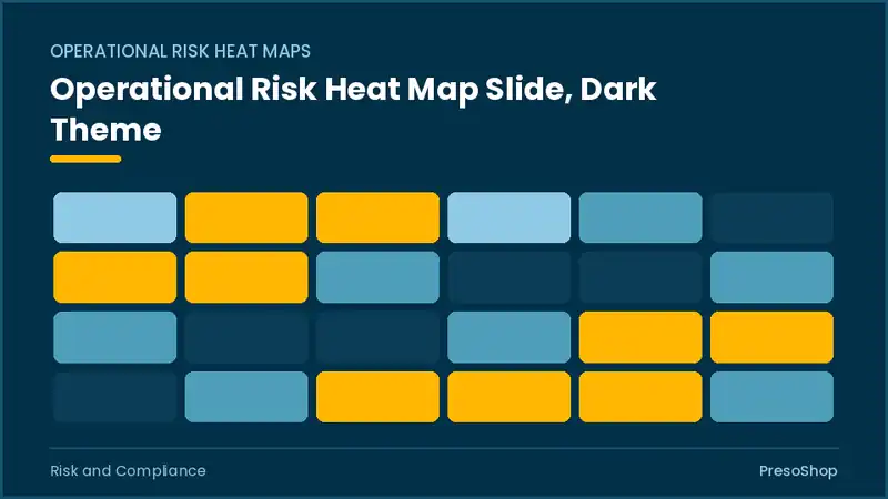 Editable PowerPoint operational risk heat map slide template in a dark theme, built from recolourable native shapes for risk and compliance decks