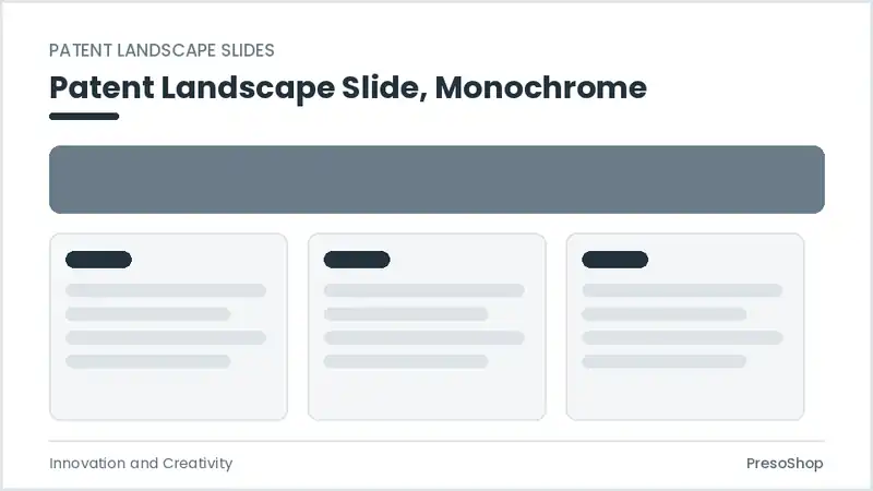 Editable PowerPoint patent landscape slide template in a monochrome treatment, built from recolourable native shapes for innovation and creativity decks