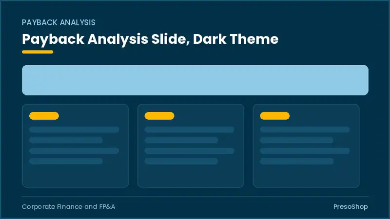 Editable PowerPoint payback analysis slide template in a dark theme, built from recolourable native shapes for corporate finance and fp&a decks